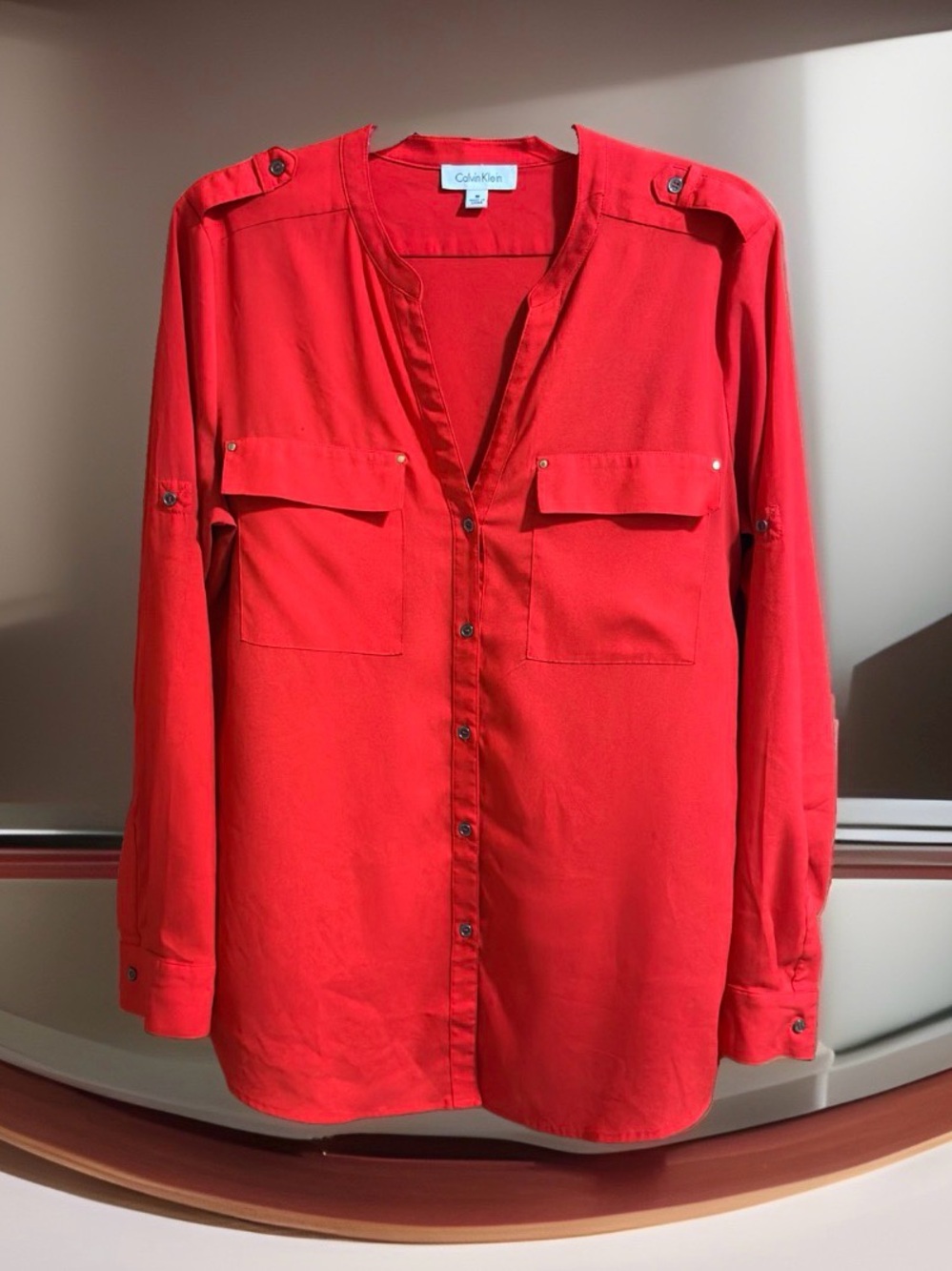 Calvin Klein Women's Bright Red Button-Front Utility Shirt-M-EC